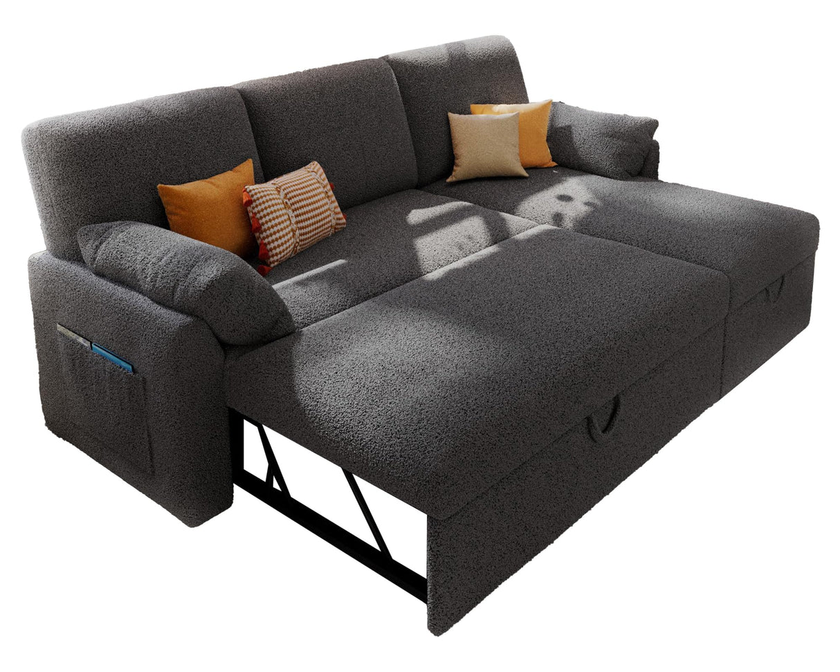 AMERLIFE Sleeper Sofa, 2-in-1 Sofa Bed with Storage Chaise, Pull Out Sofa Couch for Living Room, Guest Room, Boucle Dark Grey AMERLIFE