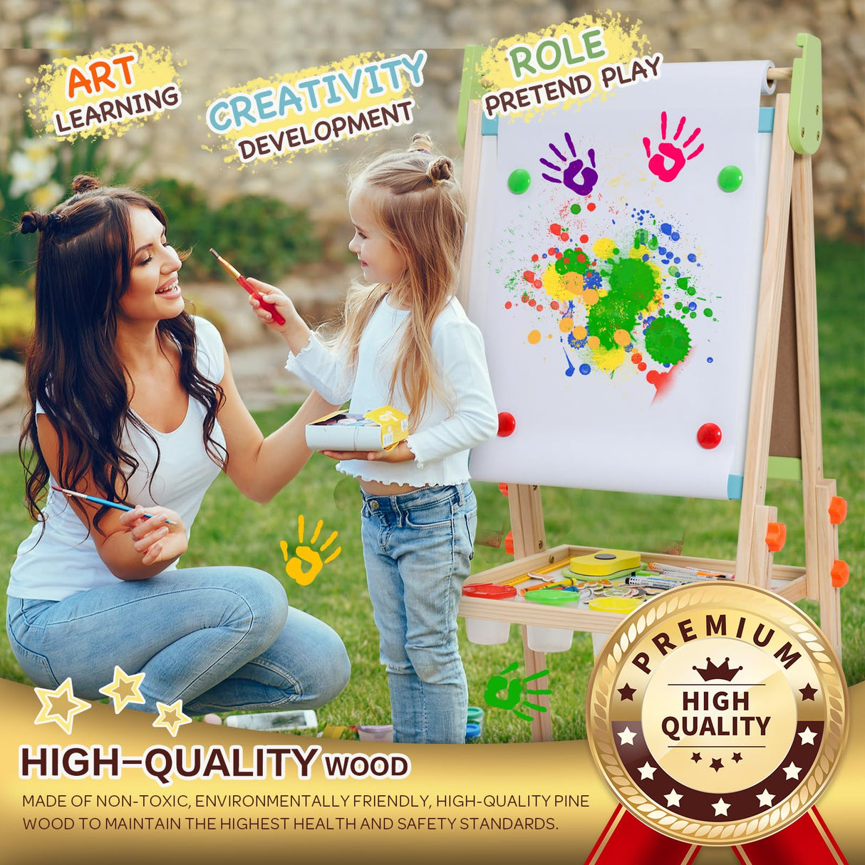 Kids Easel Including 100+ Accessories, Rundad Double Sided Wooden Easel for Kids Age 3-8 with Magnetic Chalkboard & Painting Board, Free Height Adjustable Art Easel Supplies for Toddlers Rundad