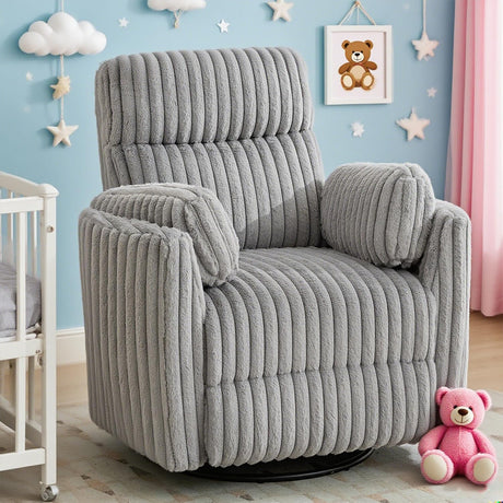 Power Nursery Rocking Chairs Swivel Glider Reclining Chair with 2 Pillows, Nursery Glider Rocking Recliner with Type-C & USB Charger Port, Corduroy Upholstery Armchair for Living Room/ Light Grey TODRANI