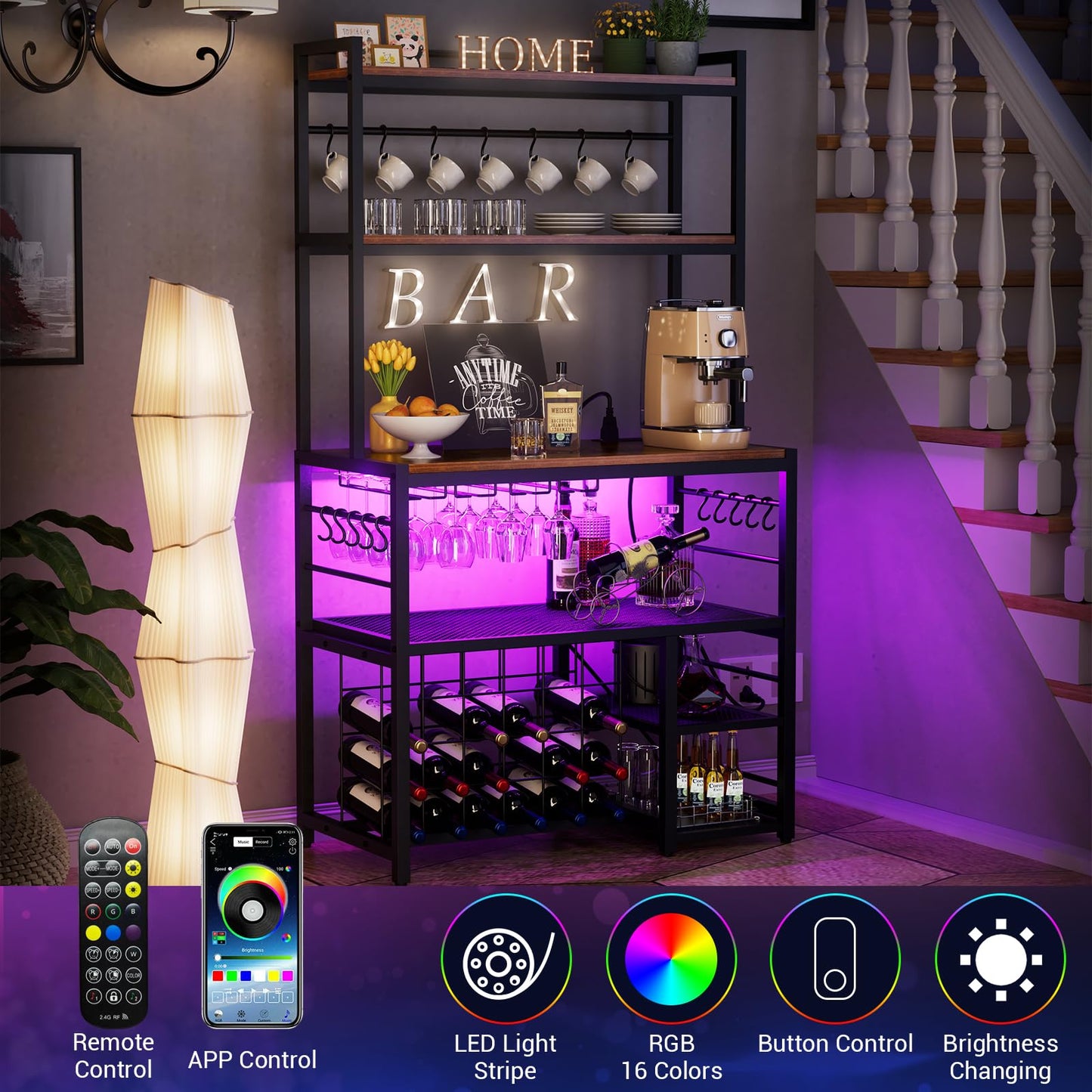 Yacchi Home Premium Wine Bar Cabinet with LED Lighting and Power Outlet, Stylish Freestanding Liquor Storage for Dining Room and Kitchen - WoodArtSupply