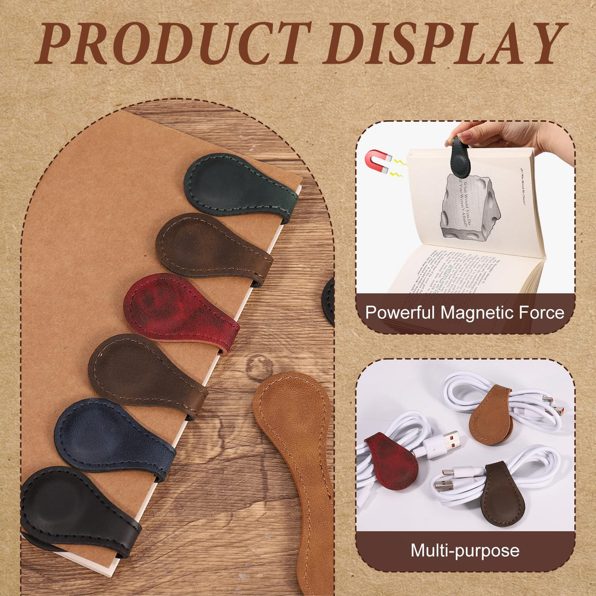 GGSTDDUP 8 Pcs Leather Magnetic Bookmarks,Retro Magnetic Bookmark Holder,Double-Sided Magnetic Buckle for Wallet,PU Leather Bookmark Gift Suitable for Reading Lovers(Dark Colour) GGSTDDUP