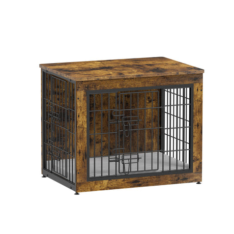 Piskyet Dog Crate Furniture with Cushion, 27" Wooden Dog Crate End Table with Double Doors, Indoor Dog Kennel, Decorative Dog Cage Side Table for Small Breed, Rustic Brown, S Piskyet