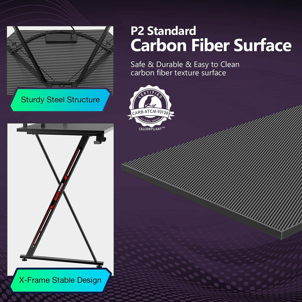 SEVEN WARRIOR L Shaped Gaming Desk with LED Lights & Power Outlets, 58” Computer Desk with Monitor Stand & Carbon Fiber Surface, Corner Desk with Cup Holder, Gaming Table with Hooks, Black SEVEN WARRIOR