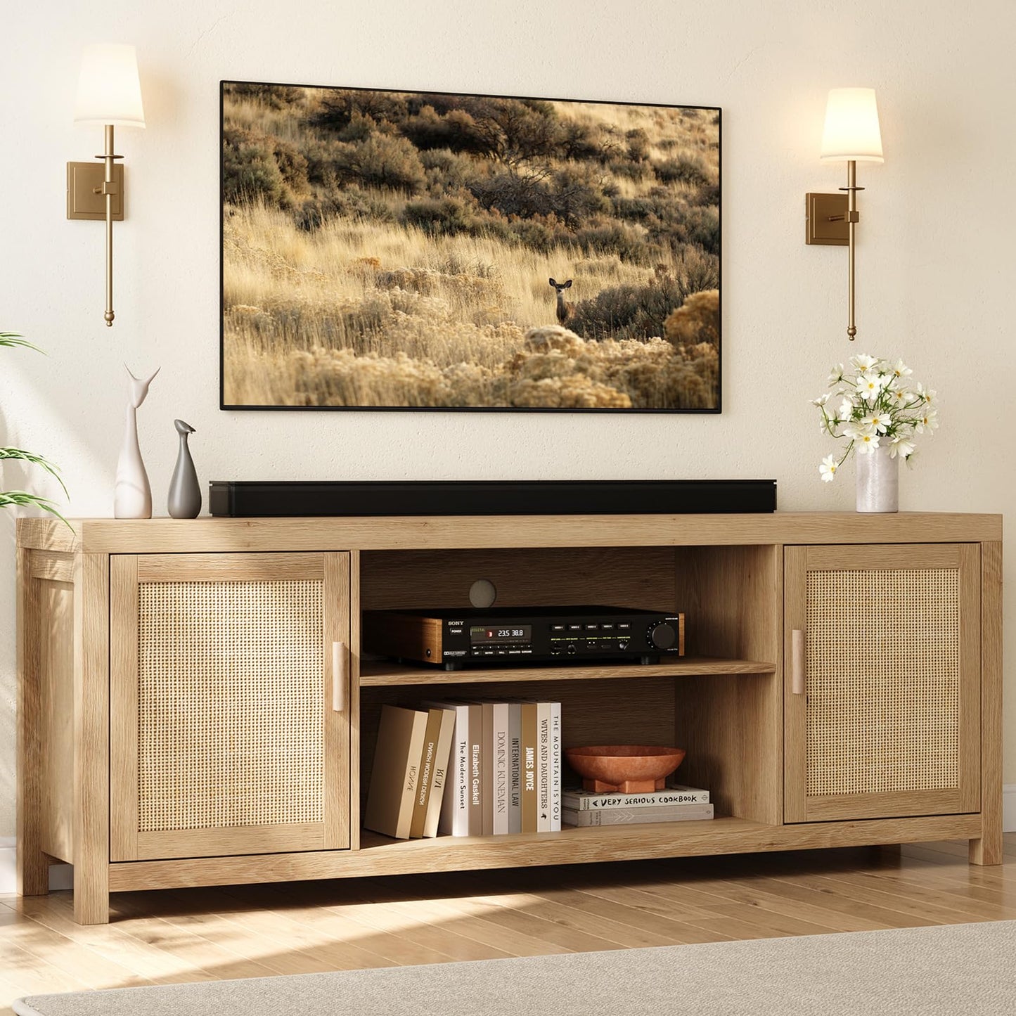 IDEALHOUSE Rattan TV Stand for 75 inch, Boho Entertainment Center with Adjustable Shelves, Natural Oak TV & Media Cabinet 2-Tier Storage for Living Room Bedroom