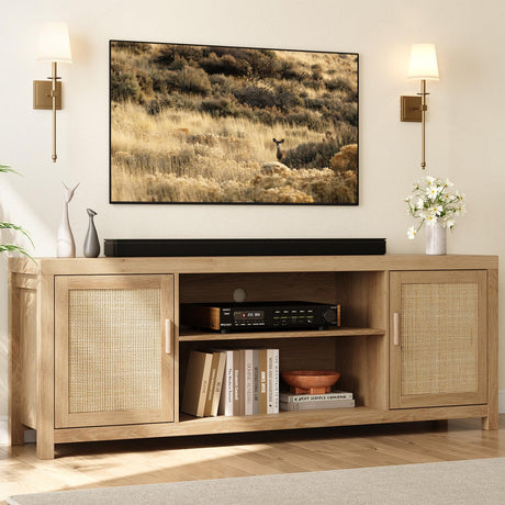 IDEALHOUSE Rattan TV Stand for 75 inch, Boho Entertainment Center with Adjustable Shelves, Natural Oak TV & Media Cabinet 2-Tier Storage for Living Room Bedroom IDEALHOUSE