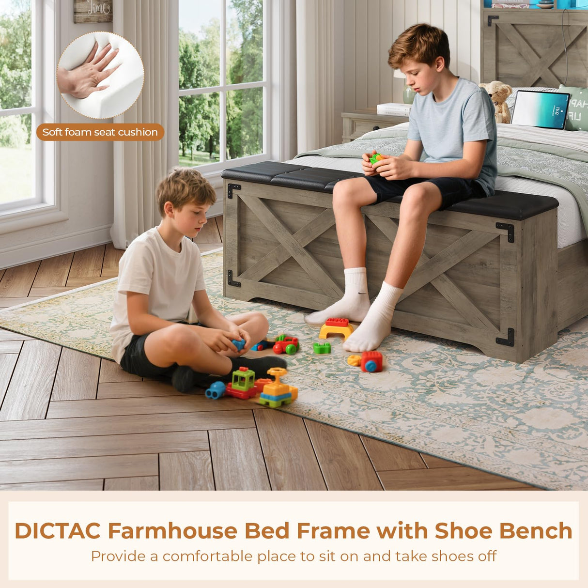 DICTAC Farmhouse Twin Bed Frame with Storage Headboard, Charging Station and Ottoman Twin Size Metal Platform Beds with Led Lights,twin Bed Frame with Metal Slats Support,No Box Spring Needed,Oak Gray DICTAC