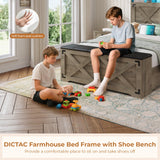 DICTAC Farmhouse Twin Bed Frame with Storage Headboard, Charging Station and Ottoman Twin Size Metal Platform Beds with Led Lights,twin Bed Frame with Metal Slats Support,No Box Spring Needed,Oak Gray DICTAC