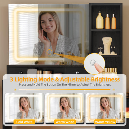 DWVO Vanity Desk with Mirror - RGB LED and Charging Station, Large 65" Make up Vanity Mirror with 3 Lights Mode and Brightness Adjusted, Large Storage Space-10 Drawers, 4 Storage Shelves, Bla - WoodArtSupply