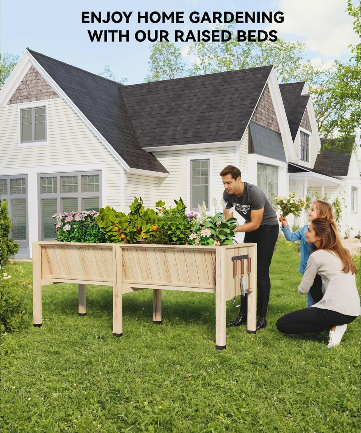 KYBOLT 45x23x30 Inch Raised Garden Bed with Legs, 13.7In Depth Wooden Planter Box for Outdoor Growing Vegetables and Herbs, Elevated Garden Bed with Hooks for Backyard, Patio, Balcony KYBOLT