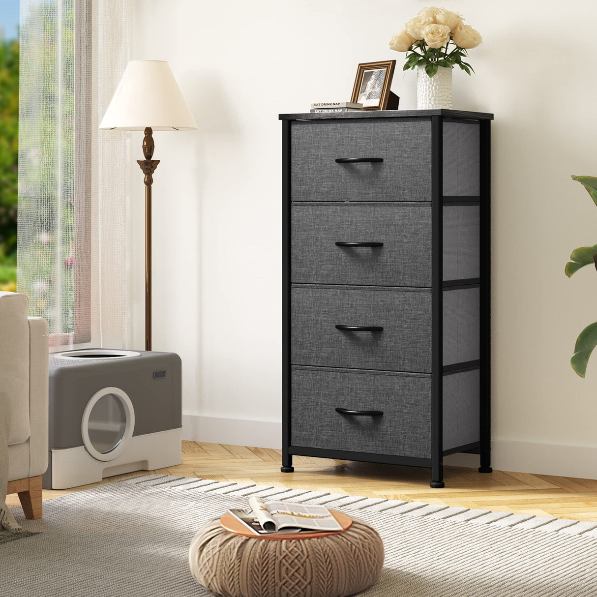 DWVO Storage Tower with 4 Drawers - Fabric Dresser, Organizer Unit for Bedroom, Living Room, Closets - Sturdy Steel Frame, Easy Pull Fabric Bins & Wooden Top DWVO