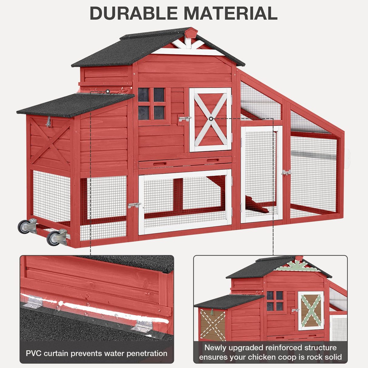 MEDEHOO Chicken Coop with Wheels Wooden Outdoor Chicken House Easy Cleaning with Nesting Box, Deeper Leakproof Pull-Out Tray and UV Proof Panel Roof - Reinforced Version - Red MEDEHOO