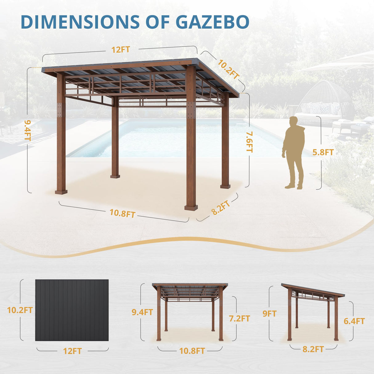 LUE BONA 10x12 Hardtop Gazebo, Outdoor Pergola Metal Roof Gazebo with Wooden Frame, Patio Gazebo Canopy with Curtains, Permanent Pavilion Grill Gazebo for Deck, Patio, Backyard, Garden LUE BONA