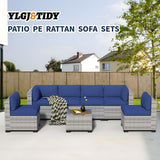 YLGJ&TIDY 7-Piece Outdoor Patio Furniture Set, PE Rattan Sectional Sofa with Waterproof Cushions & Coffee Table, Modern Patio Conversation Set for Patio, Garden, Poolside (7, Greywhite & Navy Blue) YLGJ&TIDY