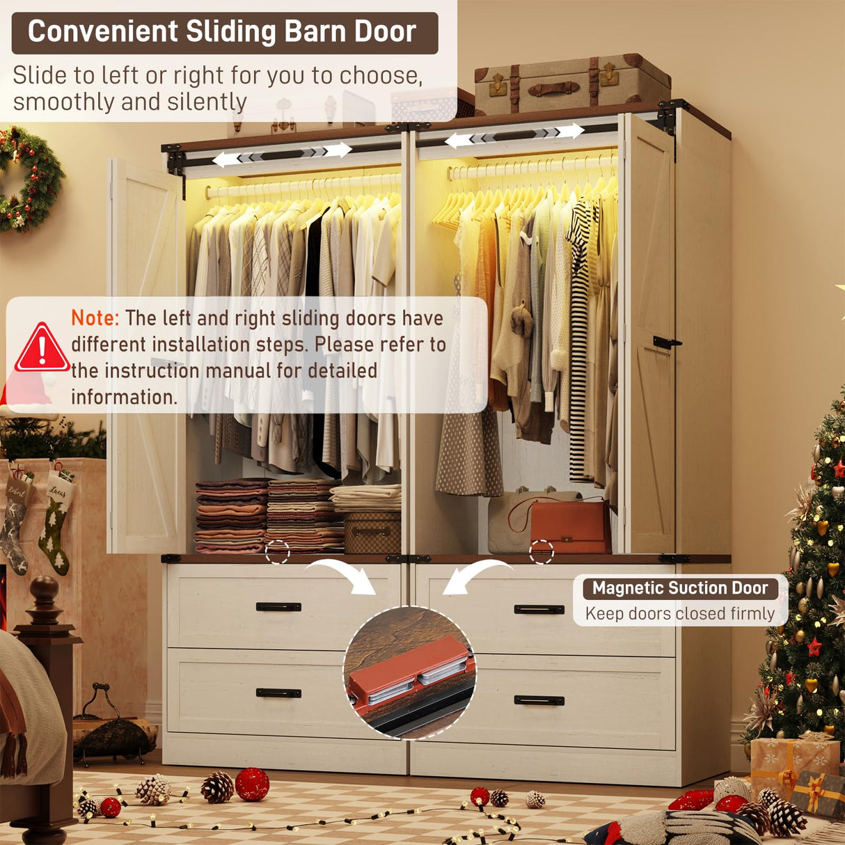 Farmhouse 2 Doors Armoire Wardrobe Closet w/Folding Sliding Barn Door and Lights, LED Armoire Closet w/Drawers for Bedroom, Freestanding Wooden Wardrobe Storage Closets w/Hanging Rod,Antique White jiteentarou