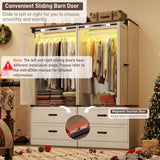 Farmhouse 2 Doors Armoire Wardrobe Closet w/Folding Sliding Barn Door and Lights, LED Armoire Closet w/Drawers for Bedroom, Freestanding Wooden Wardrobe Storage Closets w/Hanging Rod,Antique White jiteentarou