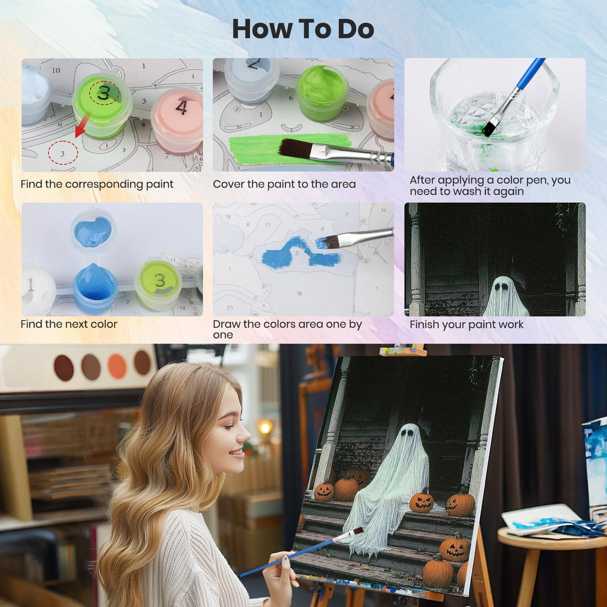 HEIBAGO Halloween Framed Paint by Numbers Kit for Adults, Ghost Paint by Numbers for Adults Beginner, Adult Paint by Number Kits on Canvas, Painting by Numbers for Gift Home Wall Decor 12 * 16 inch HEIBAGO