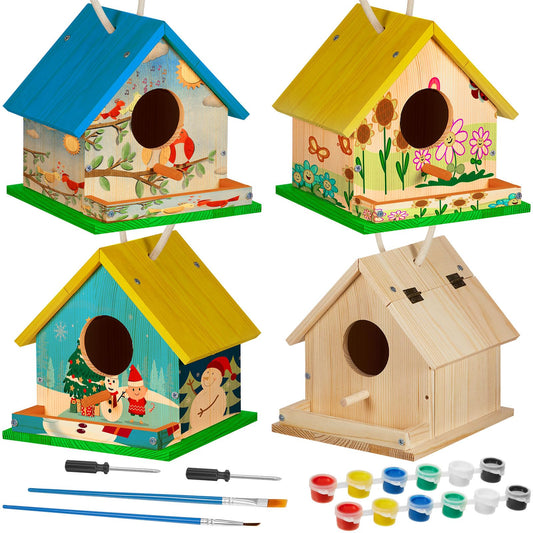 Liliful 1 Set Wooden DIY Birdhouse Kit for Adults Unfinished Wooden Bird Houses with Paints and Paintbrushes Hanging Woodworking Christmas Craft Gifts Kit for Boy or Girl Classroom Birthday Activity