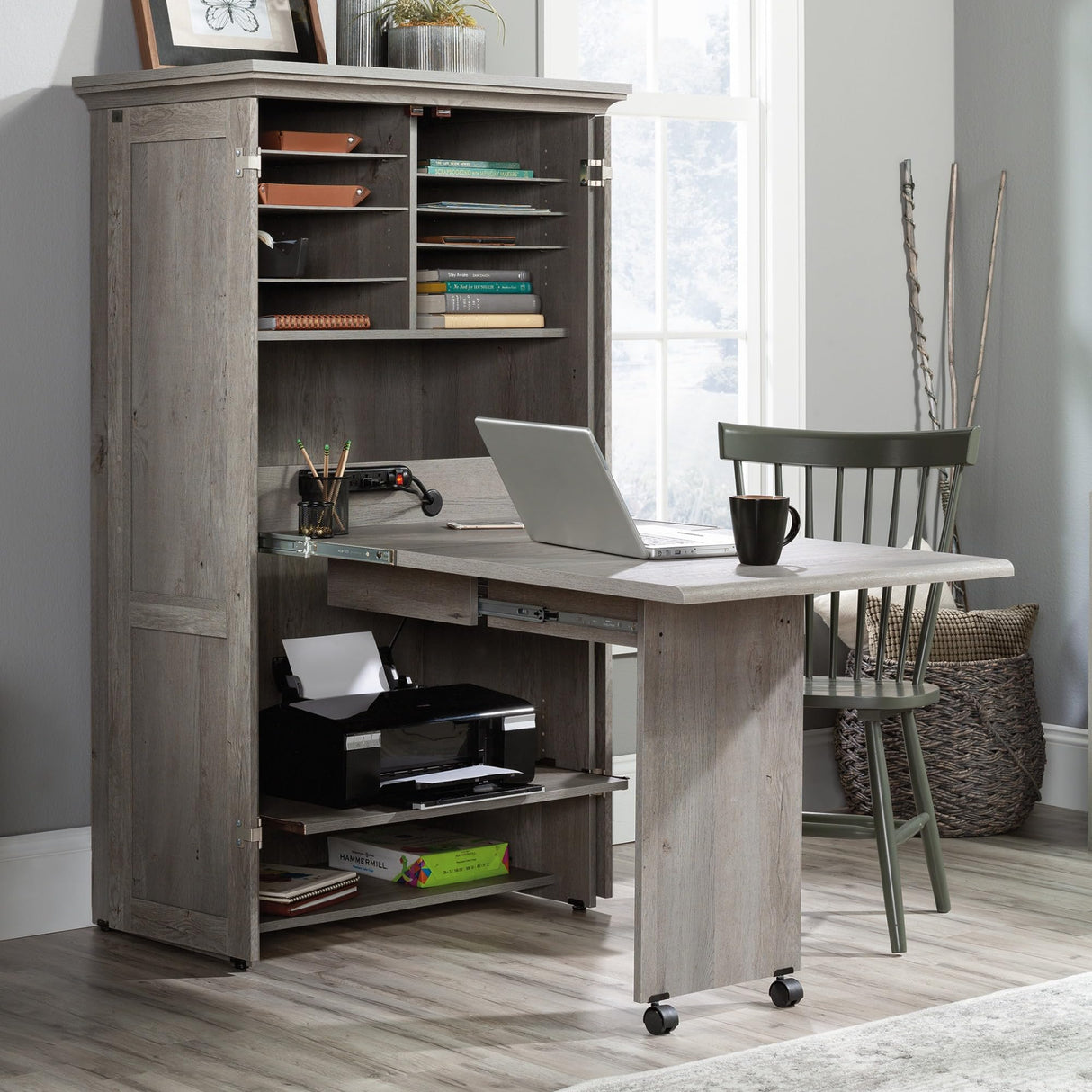 Sauder Miscellaneous Storage Craft & Sewing Armoire, L: 35.112" x W: 21.81" x H: 61.58", Mystic Oak Sauder