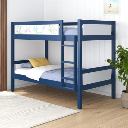 DHP Adrian Navy Blue Solid Wood Twin-Over-Twin Bunk Bed with Dry Erase Board and Underbed Storage - WoodArtSupply