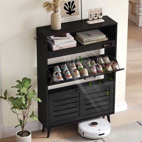 ChooChoo Shoe Storage Cabinet with 2 Flip Drawers, Deodorizing Shoe Cabinet Organizer with Open Storage, Freestanding Hidden Narrow Slim Shoe Rack Cabinet Space Saving for Entryway, Black ChooChoo