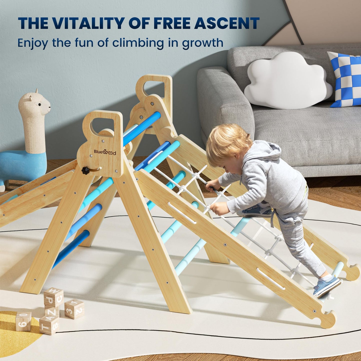 BlueWood 2024 8 in 1 Pikler Triangle Climbing Set Montessori Climbing Set Toddler Climbing Toys Indoor Baby Jungle Gym Pikler Climbing Toys Toddler Climber Indoor Playground for Kids - Sky Blue