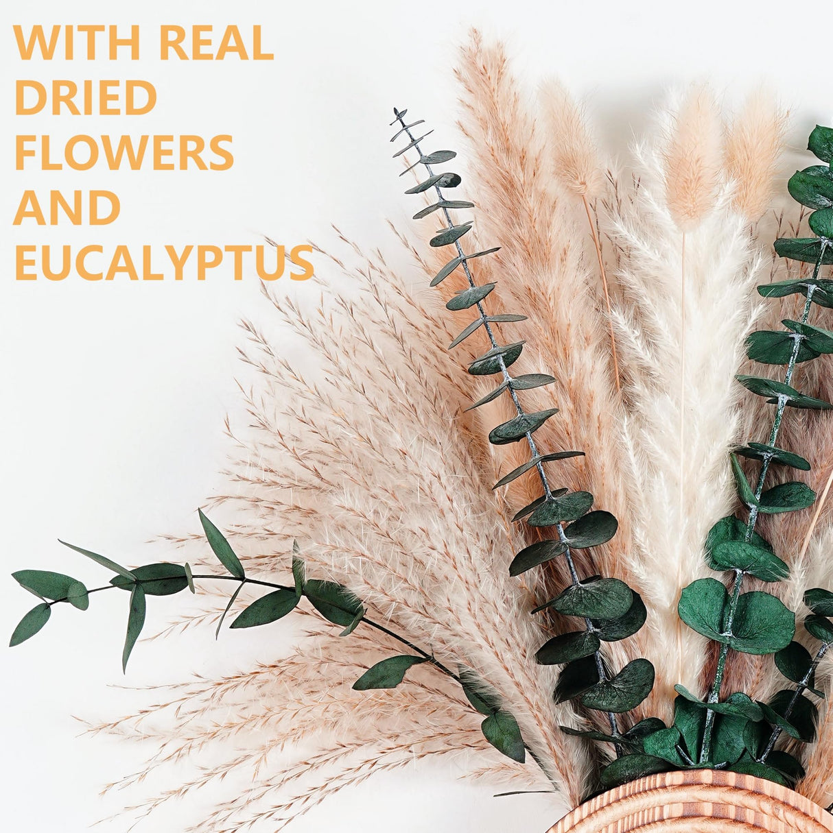 Set of 2 Wooden Vases with Pampas Grass and Eucalyptus – Boho Decor for Living Room, Modern Farmhouse Entryway or Bathroom, Rustic Art for Home Decoration QQBABO