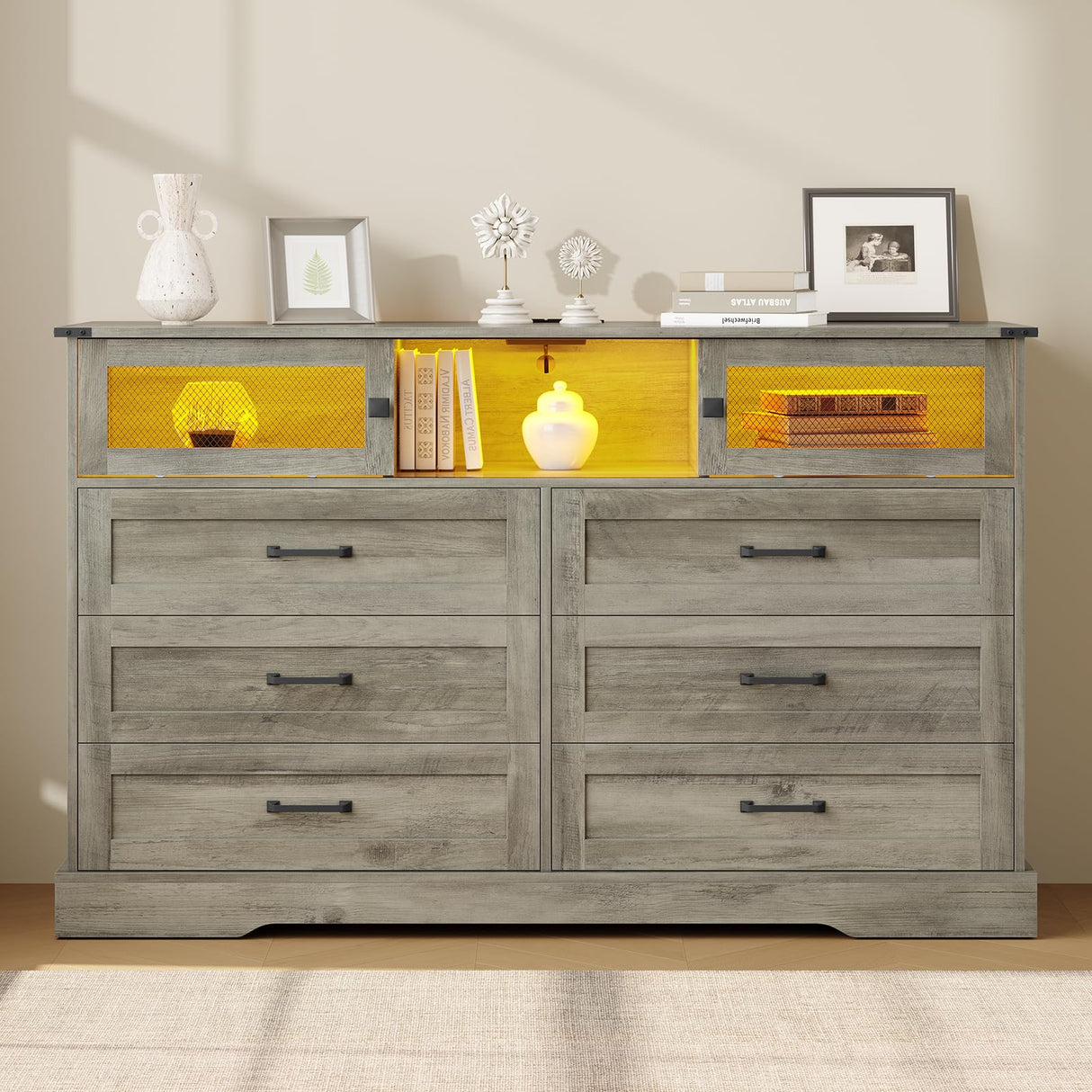 DICTAC Farmhouse 6 Drawers Dresser with Charging Station, LED Dresser with 2 Sliding Doors, Wood Wide Chest of Drawers, Storage Dressers Organizer for Bedroom, Living Room, Rustic Oak DICTAC