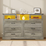 DICTAC Farmhouse 6 Drawers Dresser with Charging Station, LED Dresser with 2 Sliding Doors, Wood Wide Chest of Drawers, Storage Dressers Organizer for Bedroom, Living Room, Rustic Oak DICTAC