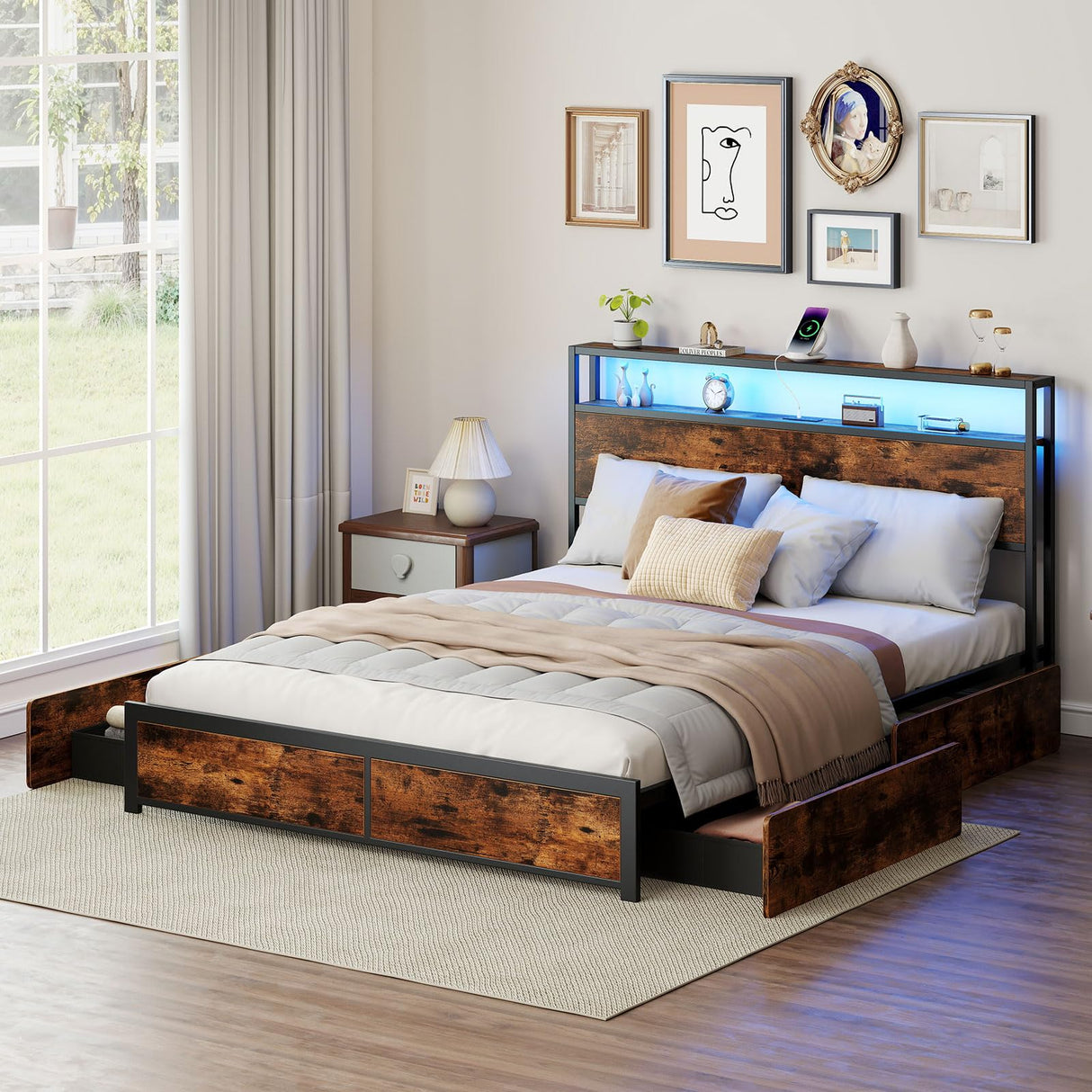 Giantex Queen Size LED Bed Frame with Charging Station & 4 Storage Drawers, Heavy Duty Metal Platform Bed with 2-Tier Storage Headboard, Noise Free, No Box Spring Needed, Rustic Brown Giantex