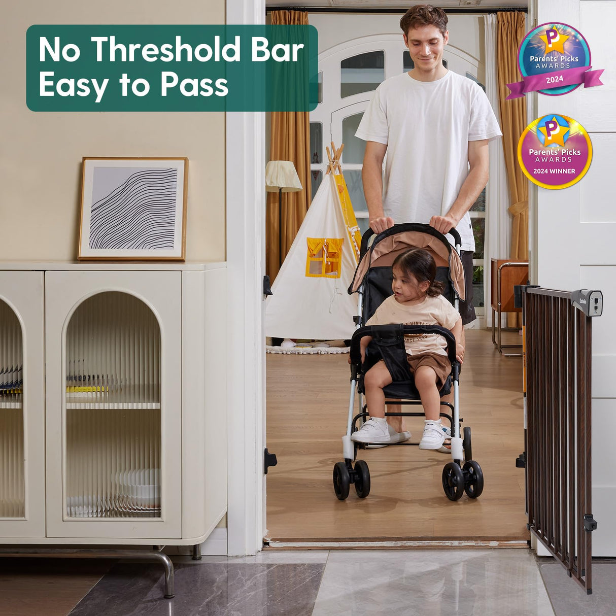 Babelio 26-43" No Bottom Bar Baby Gate for Babies, Elders and Pets, 2-in-1 Hardware Mount Dog Gate for The House, Stairs and Doorways, with Large Walk Thru Door, Black Wood Pattern BABELIO