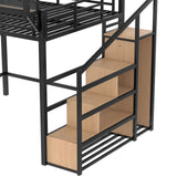 Queen Loft Beds with Storage Beside Shelves and Wardrobe, Metal Loft Bed Queen with LED Lights and USB Ports, Heavy-Duty Loft Bed Frame for Teens, Adults, Noise-Free & Space-Saving, Black Bellemave