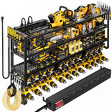 POKIPO 49.5" W Large Power Tool Organizer Wall Mount with Charging Station, 4-Tier Heavy Duty12 Cordless Drills Holder Load 600 lb, Tool Battery Storage Rack Built in 8 Outlet Power Strip for Garage POKIPO