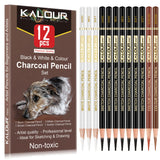 KALOUR Pro Colored Charcoal Drawing Set,12 Pieces Pastel Chalk Pencils for Sketching, Shading, Blending, Portrait, Black White Charcoal for Beginners & Artists KALOUR