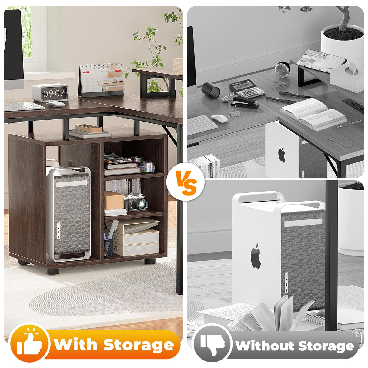 Cyclysio L Shaped Gaming Desk with Wood Cabinet, 58" Large Corner Desk with LED Lights & Power Outlet, Reversible Computer Desk with Monitor Stand, Home Office Desk 2 Person Corner Desk,Rustic Walnut Cyclysio