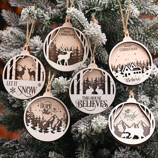 6 Pcs Christmas Tree Decorations Ornaments Wooden Christmas Hanging Ornaments Rustic Hollow Woodland Reindeer Snowflake Decor for Tree Winter Wonderland Farmhouse Party Decor(Round Style)