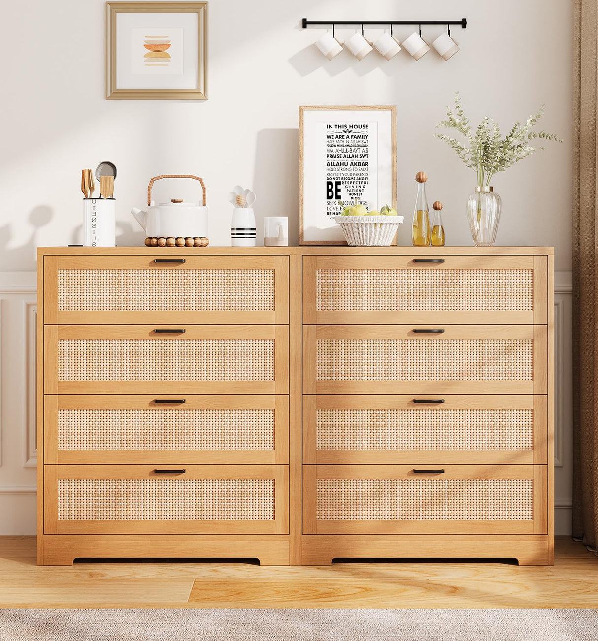 GarveeHome 4 Drawer Dresser Rattan Dresser, Tall Chest of Drawers, Wood Dresser for Bedroom, Closet, Living Room, Hallway GarveeHome