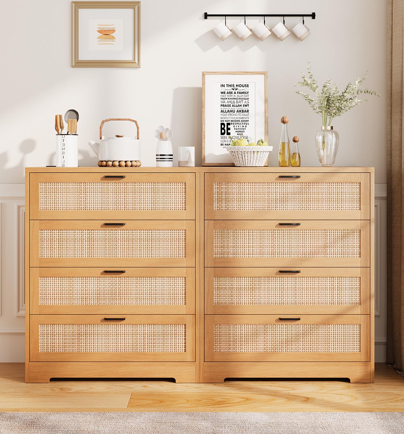 GarveeHome 4 Drawer Dresser Rattan Dresser, Tall Chest of Drawers, Wood Dresser for Bedroom, Closet, Living Room, Hallway