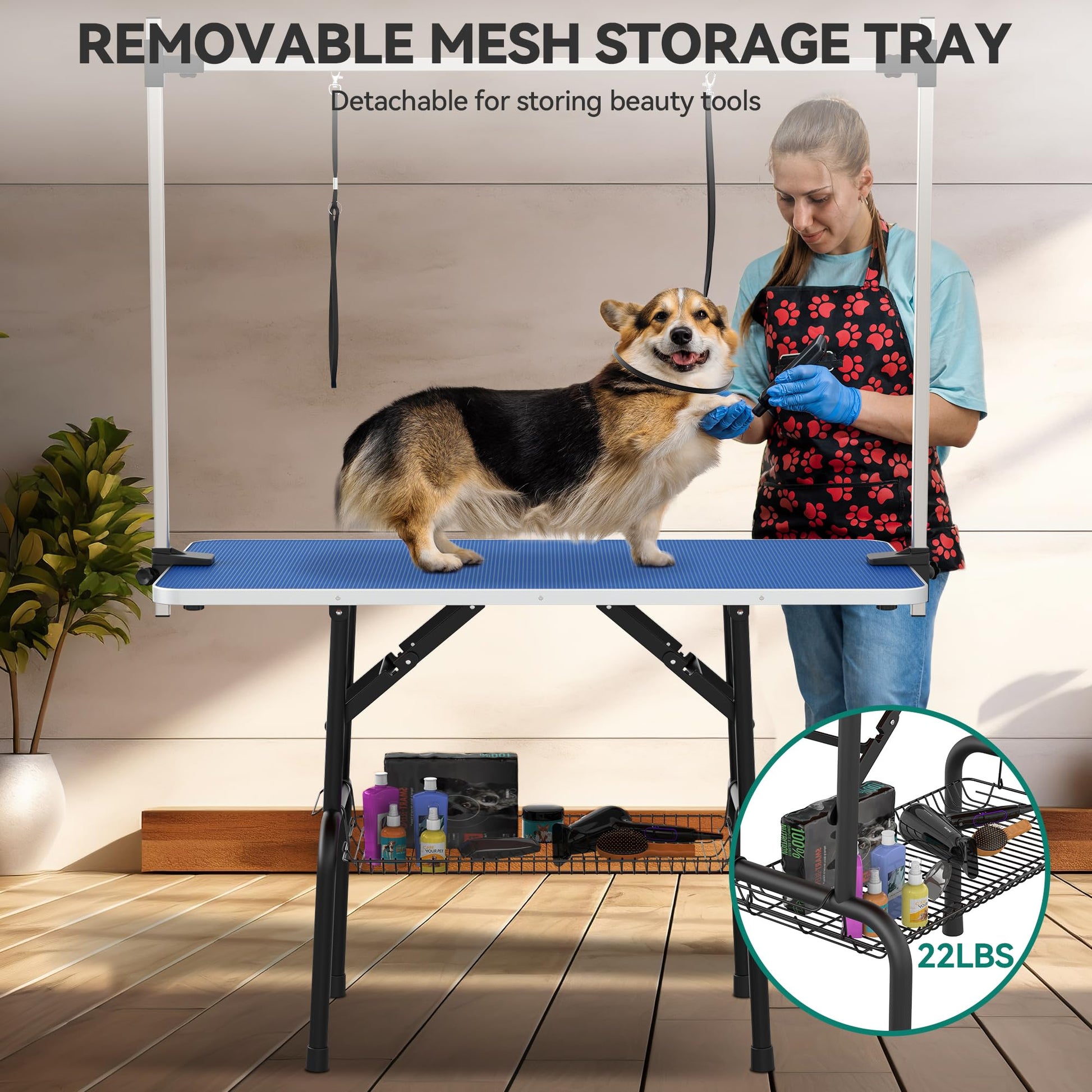 YITAHOME 46" Dog Grooming Table, Foldable Home Pet Bathing Station Table with Adjustable Arm, Non-Slip Desktop, Storage Tray& Noose, Blue - WoodArtSupply