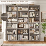 FACBOTALL 75" Triple Wide Bookshelf, Bookshelf and Bookcase with 6 Farmhouse Doors, 71" Wide 6 Tier Book Shelf with 18 Storage Shelves, Large Wooden Bookshelves, Tall Bookcase for Home Office, Gray FACBOTALL