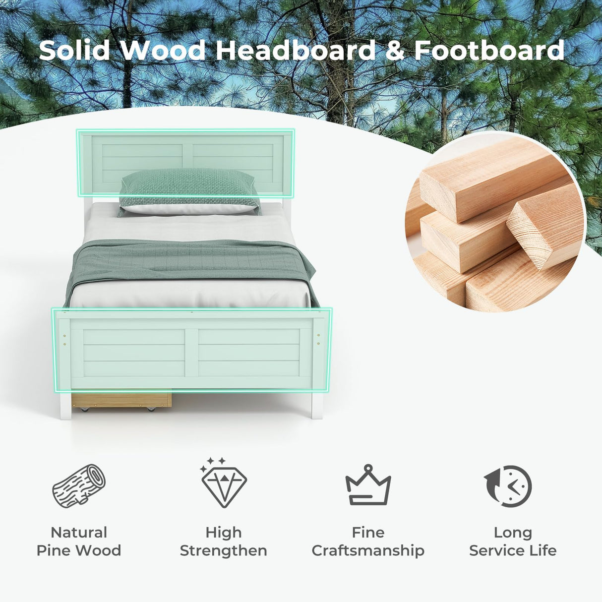 Giantex Wood Twin Bed with 2 Storage Drawers, Solid Wood Platform Bed with Headboard, Wooden Slats Support Mattress Foundation, No Spring Needed, Twin Bed Frame for Kids, Teens, Adults, White Giantex