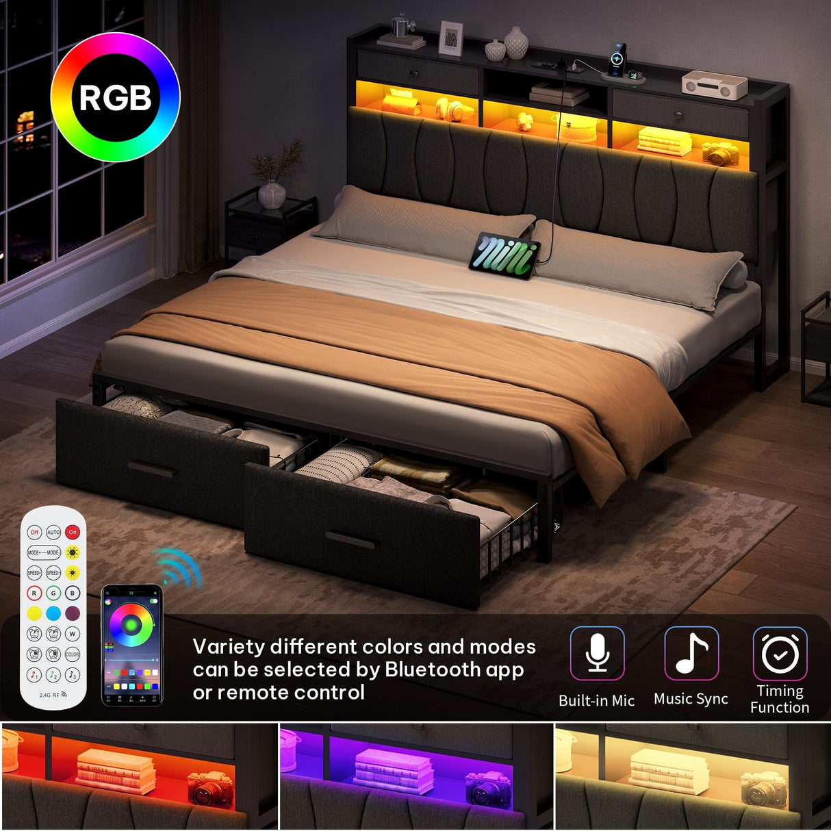 YITAHOME King Size with 2 Storage Drawers and Charging Station, Linen Upholstered Platform Bed with Storage Headboard and LED Light, Heavy Duty Metal Support, No Box Spring Needed, Noise Free, Grey YITAHOME