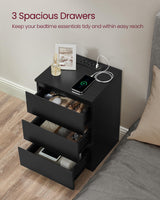 VASAGLE Nightstand with Charging Station, 2 AC Outlets and 2 USB Ports, Bedside Table, Side Table with 3 Drawers, Modern Style, 13.8 x 15.7 x 23.2 Inches, Ebony Black ULET631B58 VASAGLE