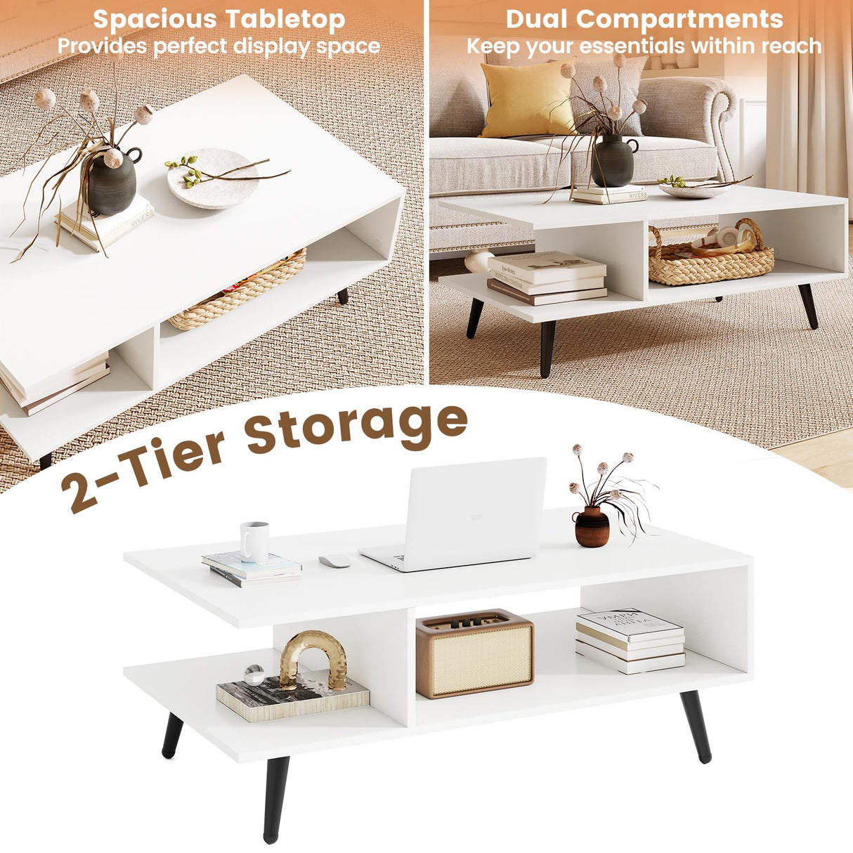 GOFLAME Wood Coffee Table, 2-Tier Mid Century Modern Center Table with 2 Open Storage Compartments & Metal Legs, Rectangular Accent Tea Tables for Living Room, Home Office, Apartment, White GOFLAME