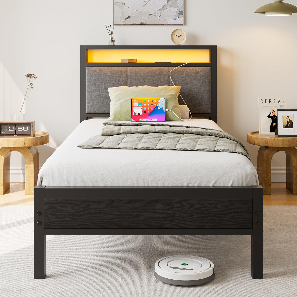 FOUBAM Twin Size Bed Frame with LED Lights and Charging Station, Bed with Storage Headboard,Heavy Duty Metal Slats Support,Mattress Foundation Easy Assembly(Black) FOUBAM