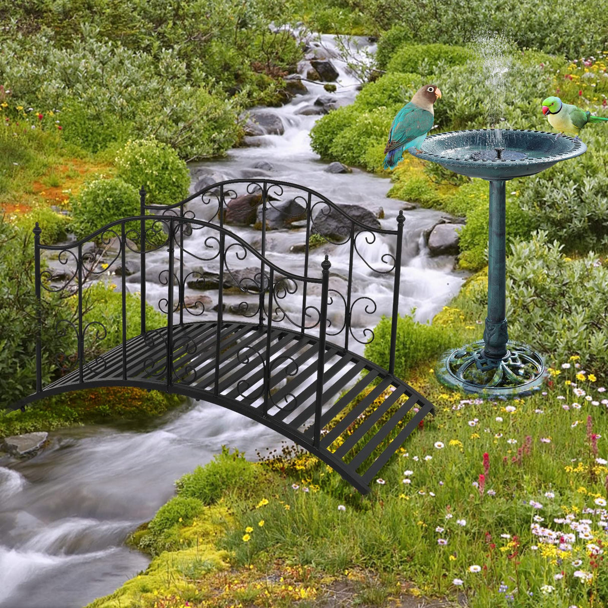 VINGLI Garden Bridge Metal Yard Arch Path Bridge with Patterned Guardrails, Ourdoor Decorative Black Iron Foot Bridge for Pond and Backyard Landscaping-4FT VINGLI