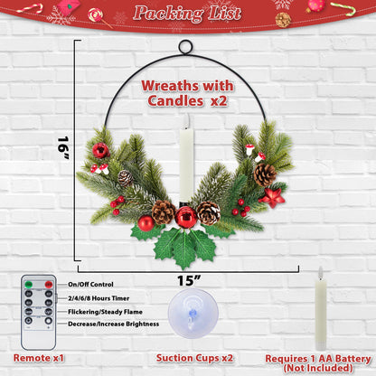 2Pack Christmas Wreaths for Front Door with LED Taper Candles, 16-inch Window Wreath Christmas with Light & Remote, Battery Operated Outdoor Winter Ornaments Christmas Decorations丨Basic丨