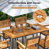 Tangkula 7 Piece Outdoor Dining Set for 6, Acacia Wood Rectangular Dining Table & 6 Armchairs w/Metal Frame, Umbrella Hole, Farmhouse Dining Furniture Set for Garden Porch Poolside Yard Tangkula