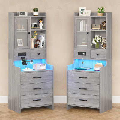 BTHFST Grey Nightstand Set of 2, LED Night Stand Set 2 with Charging Station, Tall Bedside Table with Bookshelf & Drawers, End Side Table with Lights & Storage