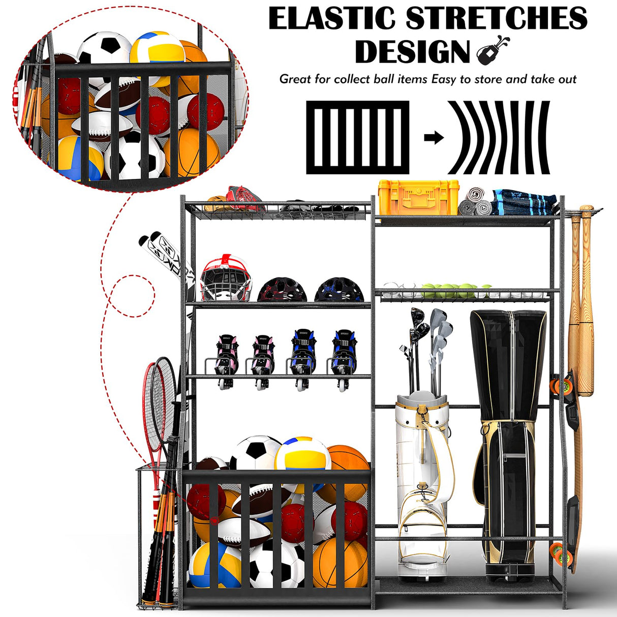 Garage Sports Equipment Organizer with Golf Bag Stand, Balls Storage Rack, and Toy Organizer – Durable Indoor/Outdoor Multi-Use Rack for Kids' Gear and Seasonal Items SPIDERCAMP