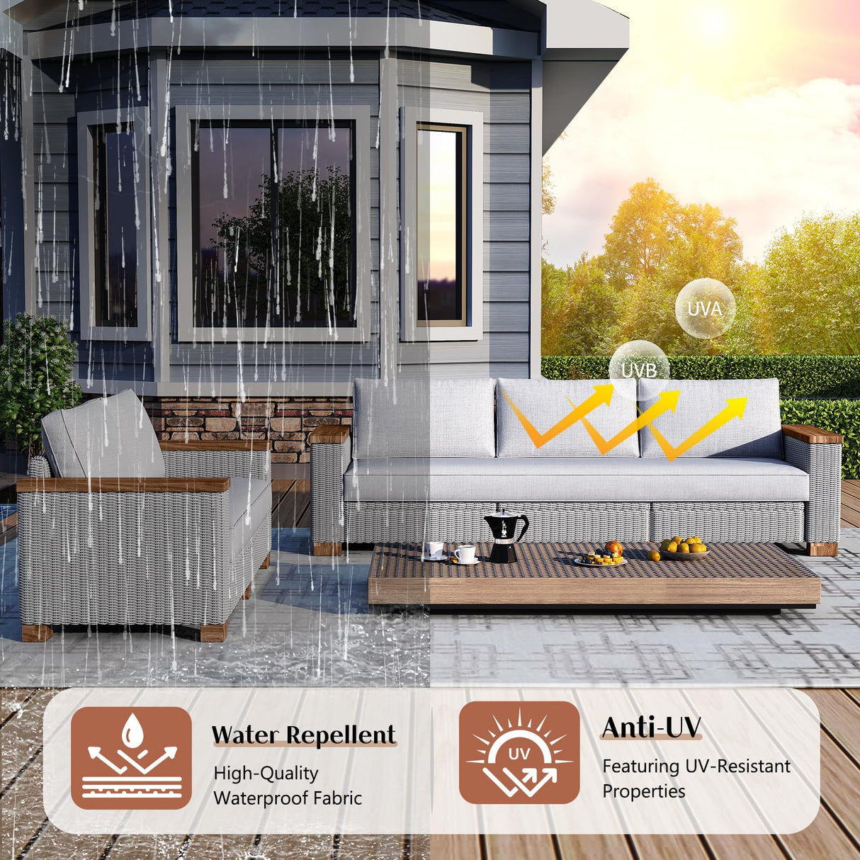 LUXOAK Patio Furniture Set, 6 Piece Wicker Patio Conversation Set with Wide Solid Wood Armrest, All Weather Outdoor Sectional Furniture with Wood Legs for Backyards, Porch, Poolside, Garden, Balcony LUXOAK